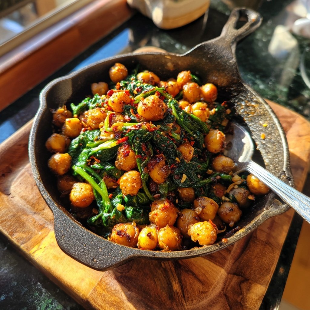 Spicy Chickpeas with Garlic Spinach